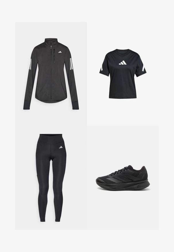 Giacchetto sportivo nero realizzato in materiale leggero. Presenta una chiusura frontale con zip, colletto alto e tre strisce bianche su ciascun manica.; T-shirt nera a maniche corte realizzata in tessuto morbido, con un logo bianco Adidas sul davanti e dettagli bianchi sulle maniche.; Leggings neri a vita alta realizzati in tessuto elasticizzato. Presentano un logo bianco sull'anca e dettagli testurizzati lungo i lati. Trama liscia.; Scarpa da corsa nera con tomaia in rete traspirante, punta rotonda, design elegante, dettagli testurizzati e suola ammortizzata per il comfort.