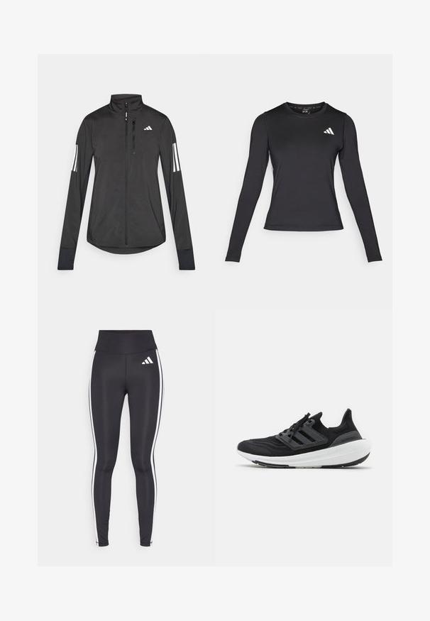 Zwarte sportjack gemaakt van lichtgewicht materiaal. Voorzien van een ritssluiting aan de voorkant, hoge kraag en drie witte strepen op elke mouw.; Zwart sportshirt met lange mouwen, gemaakt van glad, rekbaar materiaal. Bevat een wit logo op de borst. Strakke pasvorm met ronde hals.; Zwarte legging met hoge taille, voorzien van witte zijkanten en een klein wit logo op de linkerbovenbeen. Gemaakt van een gladde, rekbare stof.; Zwarte sportieve schoenen met een gebreide bovenkant, grijze drie-streep accenten en een dikke witte zool met een gestructureerde zwarte buitenzool.