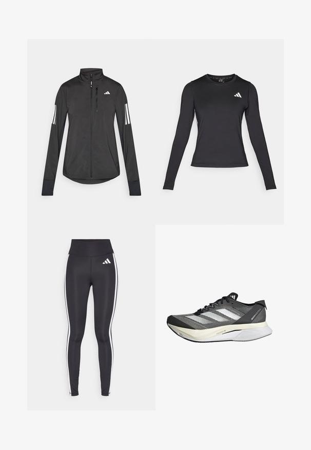 Crni sportski jakna napravljena od laganog materijala. Ima prednji zatvarač, visoki ovratnik i tri bijele pruge na svakoj rukavu.; Crna dugačka sportska majica s dugim rukavima od glatkog, rastezljivog materijala. Ima bijeli logo na prsima. Prilagođenog kroja s okruglim izrezom.; Crne tajice visokog struka, s bijelim bočnim prugama i malim bijelim logotipom na gornjem lijevom bedru. Izrađene od glatkog, rastezljivog materijala.; Crno-bijela trkaća cipela s pletenim gornjim dijelom, tri bočna pruga, lagani đon i teksturirani detalji na mrežici.