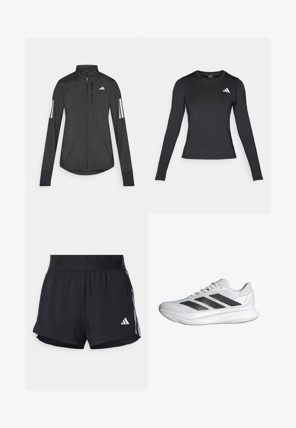 Must mustriga mustrin, millel on esiküljel lukuga, kõrge krae ja igal varrukal kolm valget triipu.; Mustad must sleeves sportlik särk, mis on valmistatud siledast ja venivast materjalist. Rinnal on valge logo. Sobiv disain ümmarguse kaelusega.; Musta sportlikud lühikesed püksid elastse vöökohtaga, millel on tekstuuriga riba, külgmised triibud ja alumises servas valge Adidas'i logo.; Valge sportlik king, millel on hingav võrkkonstruktsioon, kolm musta triipu, kerge tald ja tekstureeritud detailid kontsapooles toe pakkumiseks.