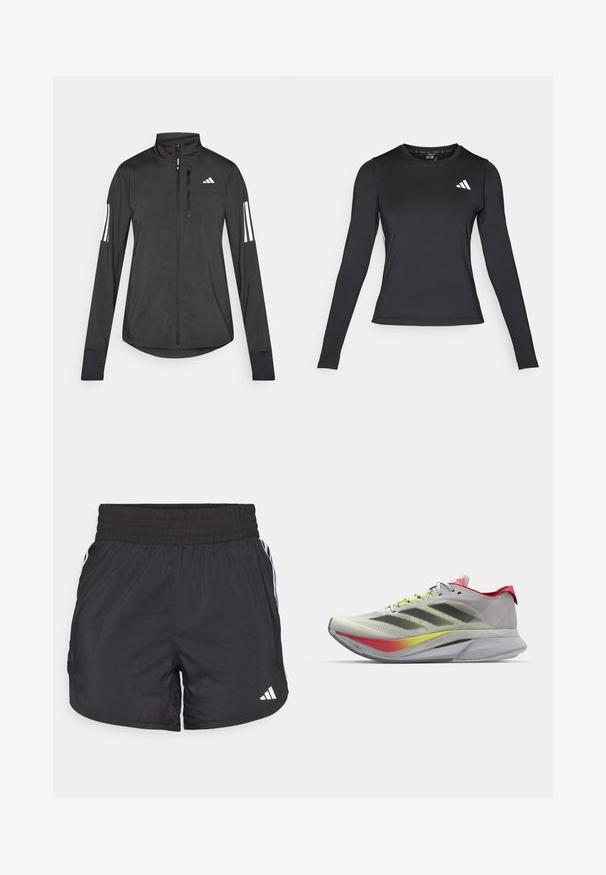 Crni sportski jakna napravljena od laganog materijala. Ima prednji zatvarač, visoki ovratnik i tri bijele pruge na svakoj rukavu.; Crna dugačka sportska majica s dugim rukavima od glatkog, rastezljivog materijala. Ima bijeli logo na prsima. Prilagođenog kroja s okruglim izrezom.; Crne atletske kratke hlače s elastičnom trakom u struku, bočnim džepovima i bijelim prugama sa strane. Izrađene su od laganog materijala.; Lagani tenisice za trčanje svijetlo sive boje s crvenim naglaskom; imaju prozračnu mrežicu, crne pruge i šareni degradirani potplat.