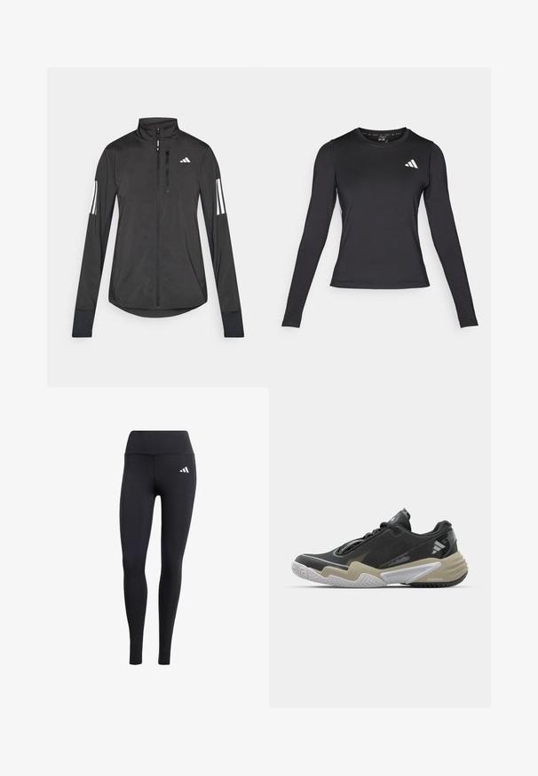 Melnā sporta jaka, izgatavota no viegla materiāla. Tajā ir priekšējais rāvējslēdzis, augsta apkakle un trīs baltas svītras katrā piedurknē.; Melnas garās piedurknes sporta krekls, kas izgatavots no gluda, elastīga materiāla. Uz krūtīm ir balta logo. Pieguļošs dizains ar apaļu kakla izgriezumu.; Melni legingi, kas izgatavoti no elastīga materiāla, ar augstu jostu un mazāku baltu logotipu, ar gludu, matētu virsmu.; Melnas un bēšas sporta kurpes ar teksturētu augšu, izteiksmīgu zoles dizainu, atstarojošiem akcentiem un auklu sistēmu. Vieglas konstrukcijas.