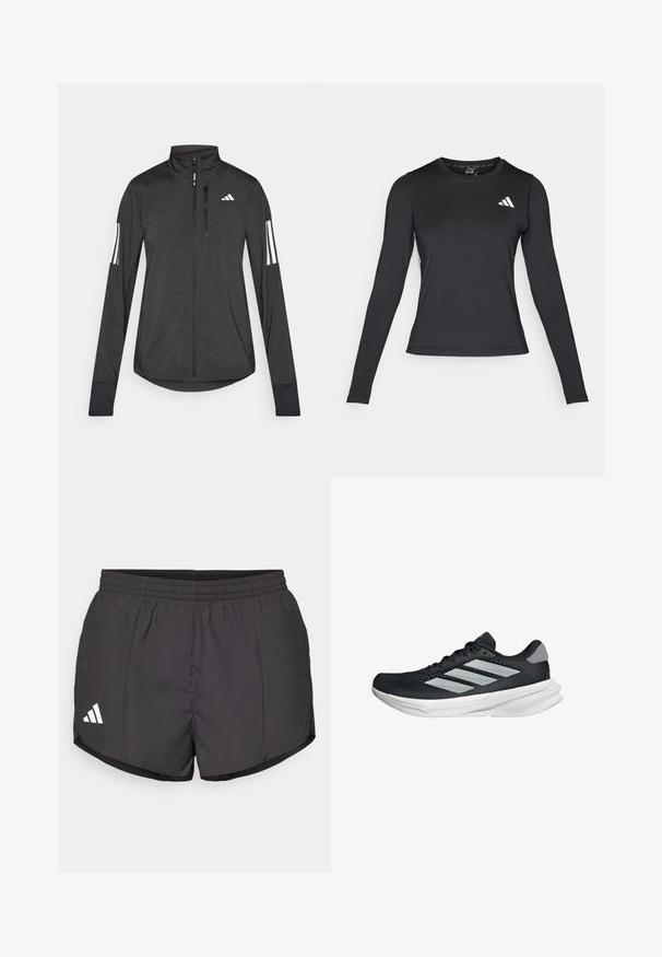 Black athletic jacket made of lightweight material. Features a front zipper, high collar, and three white stripes on each sleeve.; Black long-sleeve athletic shirt made of smooth, stretchy material. Features a white logo on the chest. Fitted design with round neckline.; Black athletic shorts made of lightweight fabric, featuring an elastic waistband and a white Adidas logo on the lower left side.; Black running shoe with mesh upper, three silver stripes, white midsole, and textured outsole. Features padded collar and lace closure.
