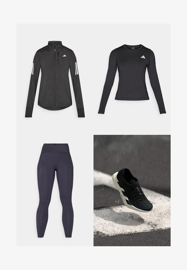 Svart treningsjakke laget av lett materiale. Har glidelås foran, høy krage og tre hvite striper på hver erme.; Svart langermet treningsskjorte laget av glatt, elastisk materiale. Har en hvit logo på brystet. Tettsittende design med rund hals.; Høyt midjebelte, mørkegrå leggings med glatt, elastisk stoff, med sidesømmer og ankelåpninger uten synlige logoer eller mønstre.; Svart treningssko med hvit sikksakk-såle hengende over asfalt med hvite veimerkninger og spredd smuss.
