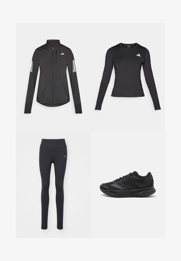 Chaqueta deportiva negra hecha de material ligero. Cuenta con una cremallera frontal, un cuello alto y tres franjas blancas en cada manga.; Camiseta atlética de manga larga negra, hecha de un material suave y elástico. Presenta un logo blanco en el pecho. Diseño ajustado con cuello redondo.; Leggings deportivos negros con una textura suave, cintura alta y detalles de costura. Presentan un pequeño logo en la parte frontal.; Zapatilla de running negra con parte superior de malla transpirable, punta redondeada, diseño elegante, acentos texturizados y suela acolchada para mayor comodidad.