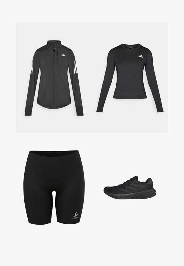 Zwarte sportjack gemaakt van lichtgewicht materiaal. Voorzien van een ritssluiting aan de voorkant, hoge kraag en drie witte strepen op elke mouw.; Zwart sportshirt met lange mouwen, gemaakt van glad, rekbaar materiaal. Bevat een wit logo op de borst. Strakke pasvorm met ronde hals.; Zwarte fietsshorts van rekbaar materiaal, met een gevoerde binnenkant, hoge tailleband en een klein logo aan de onderzijde rechts.; Zwarte sportieve schoenen met een bovenwerk van mesh, gestroomlijnde vorm, platte zool en drie diagonale strepen aan de zijkant. Lichtgewicht ontwerp voor comfort.