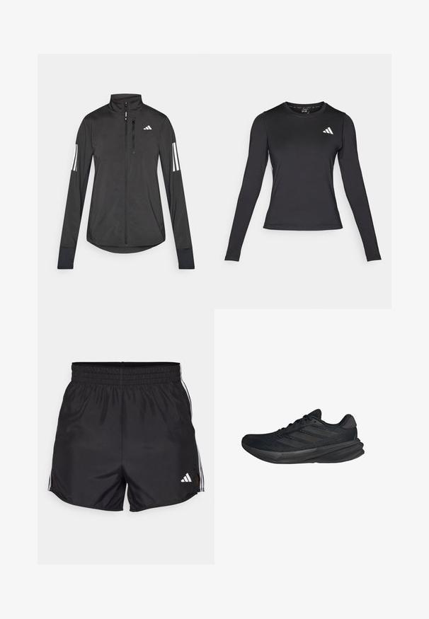 Chaqueta deportiva negra hecha de material ligero. Cuenta con una cremallera frontal, un cuello alto y tres franjas blancas en cada manga.; Camiseta atlética de manga larga negra, hecha de un material suave y elástico. Presenta un logo blanco en el pecho. Diseño ajustado con cuello redondo.; Pantalones cortos deportivos negros con cintura elástica, aberturas laterales y acentos en blanco con tres franjas. Presenta un pequeño logo blanco en la parte inferior derecha.; Zapatillas deportivas negras con parte superior de malla, forma aerodinámica, suela plana y tres rayas diagonales en el costado. Diseño ligero para mayor comodidad.