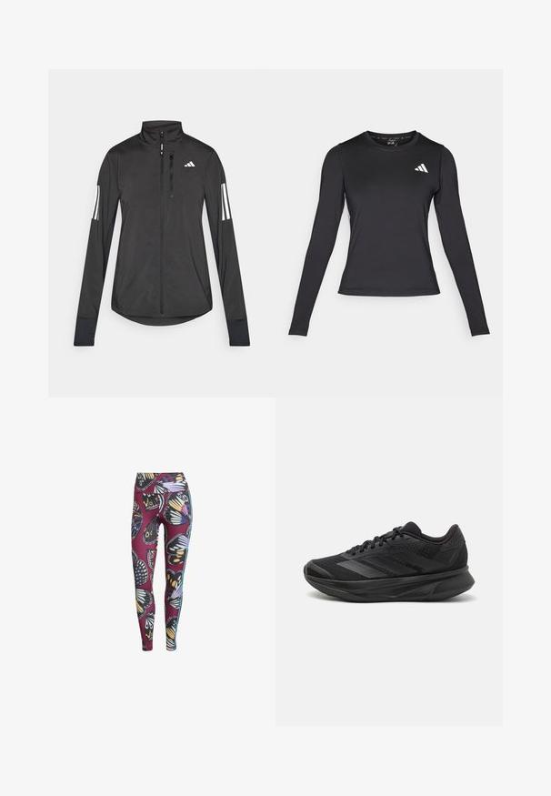 Black athletic jacket made of lightweight material. Features a front zipper, high collar, and three white stripes on each sleeve.; Black long-sleeve athletic shirt made of smooth, stretchy material. Features a white logo on the chest. Fitted design with round neckline.; Butterfly print leggings in aubergine, featuring a stretchy fabric, high waistband, and contrasting side stripes for added detail.; Black running shoe with a breathable mesh upper, rounded toe, sleek design, textured accents, and a cushioned sole for comfort.