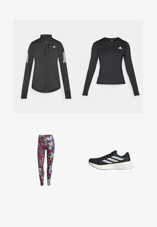 Schwarze Sportjacke aus leichtem Material. Mit einem Frontreißverschluss, hohem Kragen und drei weißen Streifen an jedem Ärmel.; Schwarzes, langärmeliges Sportshirt aus glattem, elastischem Material. Mit weißem Logo auf der Brust. Enganliegendes Design mit rundem Ausschnitt.; Leggings mit Schmetterlingsdruck in Aubergine, aus dehnbarem Stoff, mit hohem Bund und kontrastierenden Seitenstreifen für zusätzliche Details.; Schwarzer Sportschuh mit einer strukturierten oberen Fläche, der drei weiße Streifen an der Seite und eine weiße Zwischensohle hat. Leichtes Design, stromlinienförmige Form.