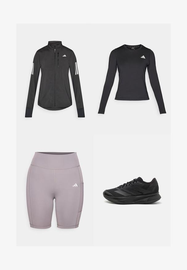Black athletic jacket made of lightweight material. Features a front zipper, high collar, and three white stripes on each sleeve.; Black long-sleeve athletic shirt made of smooth, stretchy material. Features a white logo on the chest. Fitted design with round neckline.; Stretchy, lavender bike shorts with a high waistband. Features flat seams and a side pocket. Notable Adidas logo in white on the lower left.; Black running shoe with a breathable mesh upper, rounded toe, sleek design, textured accents, and a cushioned sole for comfort.