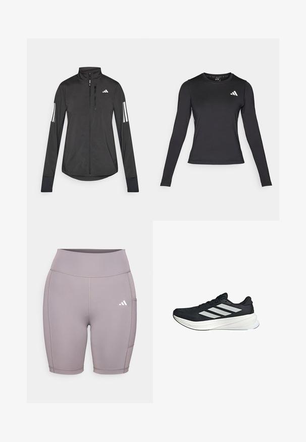 Schwarze Sportjacke aus leichtem Material. Mit einem Frontreißverschluss, hohem Kragen und drei weißen Streifen an jedem Ärmel.; Schwarzes, langärmeliges Sportshirt aus glattem, elastischem Material. Mit weißem Logo auf der Brust. Enganliegendes Design mit rundem Ausschnitt.; Dehnbare, lavendelfarbene Fahrradhosen mit hohem Taillenbund. Mit flachen Nähten und einer Seitentasche. Auffälliges Adidas-Logo in Weiß unten links.; Schwarzer Sportschuh mit einer strukturierten oberen Fläche, der drei weiße Streifen an der Seite und eine weiße Zwischensohle hat. Leichtes Design, stromlinienförmige Form.
