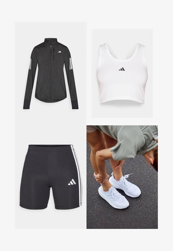 Zwarte sportjack gemaakt van lichtgewicht materiaal. Voorzien van een ritssluiting aan de voorkant, hoge kraag en drie witte strepen op elke mouw.; Witte crop top van zacht materiaal, met een ronde halslijn en een zwart Adidas-logo op de voorkant. Soepele textuur, mouwloos ontwerp.; Zwarte sportshorts van rekbare stof, met witte zijstrips en een Adidas-logo op de onderkant van het rechterbeen. Als een gladde textuur.; Witte sportieve schoenen met meshpanelen en gestructureerde zolen, voorzien van veters en een gewatteerd ontwerp, geplaatst op een asfaltoppervlak.