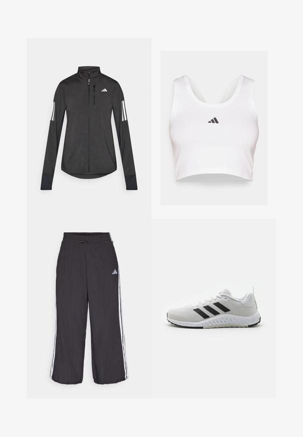 Musta urheilutakki, joka on valmistettu kevyestä materiaalista. Ominaisuuksiin kuuluu etuvetoketju, korkea kaulus ja kolme valkoista raitaa joka hihassa.; Valkoinen crop-top pehmeästä kankaasta, jossa on pyöreä kaula-aukko ja musta Adidas-logo edessä. Sileä rakenne, hihaton muotoilu.; Mustat urheiluhousut joustavalla vyötäröllä, joissa on valkoiset sivu raidat ja huomaamaton brändäys vasemmassa yläreunassa. Kevyt materiaali.; Valkoiset urheilujalkineet mustilla raitoilla, verkkopinta, kumipohja ja teksturoituja yksityiskohtia. Varustettu pyöristettyllä kärjellä ja pehmustetulla kauluksella.
