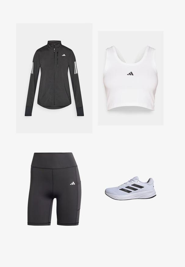 Black athletic jacket made of lightweight material. Features a front zipper, high collar, and three white stripes on each sleeve.; White crop top made of soft fabric, featuring a round neckline and a black Adidas logo on the front. Smooth texture, sleeveless design.; Black athletic shorts made from stretchy material, featuring a high waist, flat seams, and a white logo on the left hip.; adidas Performance RESPONSE - Road running shoes - cloud white core black cloud white