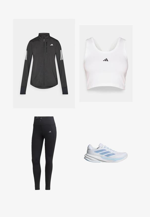 Giacchetto sportivo nero realizzato in materiale leggero. Presenta una chiusura frontale con zip, colletto alto e tre strisce bianche su ciascun manica.; Cropped top bianco realizzato in tessuto morbido, con scollatura rotonda e logo Adidas nero sul davanti. Texture liscia, design senza maniche.; Leggings neri con vita alta, dettaglio con coulisse e tasche laterali. Realizzati in tessuto liscio con un accento del logo riflettente.; Scarpe da corsa bianche con accenti blu chiaro, tomaia in rete traspirante, design a tre strisce, soletta ammortizzata e suola con trazione testurizzata.