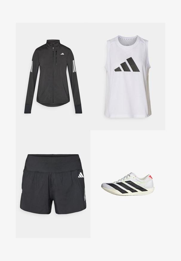 Veste de sport noire en matériau léger. Dotée d'une fermeture éclair sur le devant, d'un col haut et de trois rayures blanches sur chaque manche.; Haut de sport sans manches blanc avec encolure ronde, arborant un grand logo Adidas noir composé de trois bandes à l'avant.; Shorts athlétiques noirs avec une large ceinture élastique, un tissu léger et des accents de logo blanc sur le bas côté.; Baskets de course blanches avec des rayures noires, tige en mesh texturé, semelle plate et accents réflexes. Présente un design épuré et un système de laçage.