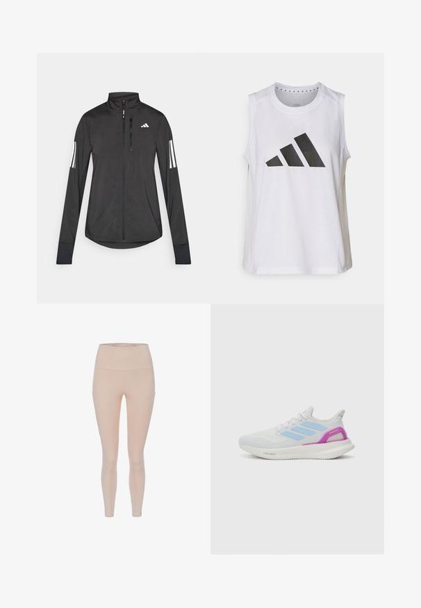 Giacchetto sportivo nero realizzato in materiale leggero. Presenta una chiusura frontale con zip, colletto alto e tre strisce bianche su ciascun manica.; Top atletico bianco senza maniche con scollatura rotonda, caratterizzato da un grande logo Adidas nero composto da tre strisce sul davanti.; Leggings a vita alta in nude, realizzati in un materiale liscio ed elastico, dotati di tasche laterali e di un design aderente, che si restringe fino alle caviglie.; adidas Performance PUREBOOST 5 - Scarpe da corsa su strada - white/glow blue/purple burst