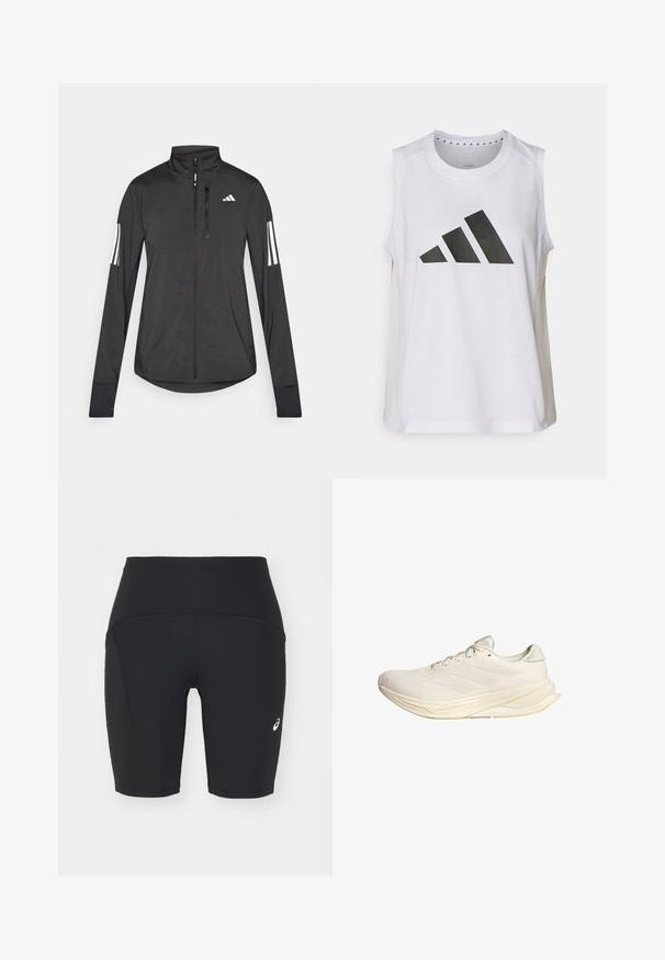 Črna športna jakna iz lahkega materiala. Ima sprednji zadrgo, visok ovratnik in tri bele črte na vsaki rokavi.; Bela brezrokavna športna majica s krožnim izrezom, ki na sprednji strani vsebuje velik črn Adidas logotip, sestavljen iz treh črt.; Črne športne kratke hlače iz gladkega, raztegljivega materiala. Imajo stranski žep in bel logo na levi strani.; Svetlo bež športni copat z mrežno zgornjico, ravnimi vezalkami in oblazinjenim podplatom. Ima zasnovo s tremi črtami na bočni strani.