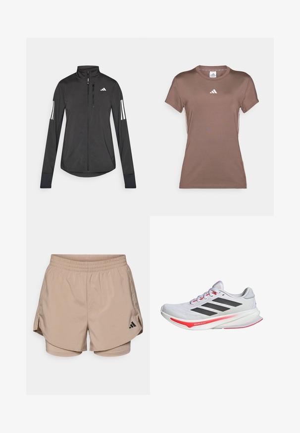 Veste de sport noire en matériau léger. Dotée d'une fermeture éclair sur le devant, d'un col haut et de trois rayures blanches sur chaque manche.; adidas Performance T-shirt de sport - earth strata/white; Shorts de sport beiges avec une ceinture, comportant des fentes latérales et des shorts intérieurs. Logo Adidas noir en bas à gauche. Texture de tissu lisse.; Baskets blanches avec accents noirs et détails rouges. Dotées d'une tige en mesh, d'un col rembourré et d'une semelle texturée pour une meilleure traction.