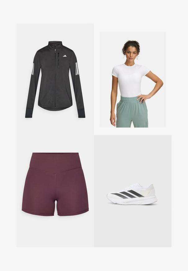 Melnā sporta jaka, izgatavota no viegla materiāla. Tajā ir priekšējais rāvējslēdzis, augsta apkakle un trīs baltas svītras katrā piedurknē.; Balta pieguļoša T-kreklā ar īsām piedurknēm, kombinēta ar gaiši zaļām elastīgām biksēm. Gluda tekstūra, minimālisma dizains, bez redzamām rakstainām detaļām.; Mauvu krāsas sporta šorti, izgatavoti no elastīga auduma, ar augstu jostasvietu un gludu tekstūru, ar kontrastējošu diega šuvi.; Baltas sporta apavs ar melniem diagonāliem svītrām, sieta augšdaļa, noapaļota purngalu forma un teksturēta zole. Akcenti ietver sudraba papēdi un minimālistisku dizainu.