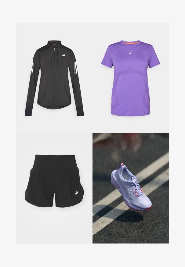 Musta urheilutakki, joka on valmistettu kevyestä materiaalista. Ominaisuuksiin kuuluu etuvetoketju, korkea kaulus ja kolme valkoista raitaa joka hihassa.; Violetti urheilupaita, joka on valmistettu hengittävästä kankaasta. Siinä on pyöreä kaula-aukko, lyhyet hihat ja hillitty sävykuvio etupuolella.; Mustat urheilushortsit, joissa on leveä vyötärönauha, laskostettu muotoilu ja pieni valkoinen logo vasemmalla alakulmassa. Pehmeä, kevyt materiaali.; Vaaleanlila juoksukenkä, jossa on teksturoitu yläosa, vaaleanpunaisia aksentteja, pyöreä nauhoitusmekanismi ja pilkullinen pohja, kohoaa asfalttitaustan ylle.
