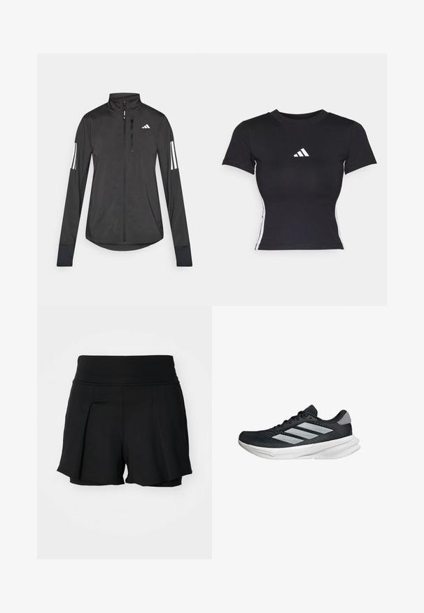 Černá atletická bunda vyrobená z lehkého materiálu. Má přední zip, vysoký límec a tři bílé pruhy na každém rukávu.; Černé přiléhavé tričko z hladké látky. Má krátké rukávy a bílé logo adidas na hrudi. Bílé pruhy po stranách.; Černé sportovní šortky s širokým pasem, sklady v přední části a vnitřní podšívkou. Vyrobené z pružného, lehkého materiálu.; Černé běžecké boty s vrchní částí z prodyšné síťoviny, třemi stříbrnými pruhy, bílou mezipodešví a texturovanou podešví. Obsahují polstrovaný límec a šněrování.