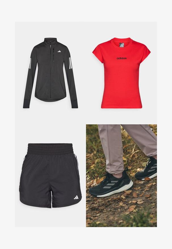 Jaqueta atlética preta feita de material leve. Apresenta um fecho frontal, colarinho alto e três riscas brancas em cada manga.; T-shirt vermelha ajustada feita de algodão com mangas curtas enroladas e um logótipo preto da "adidas" no peito. Textura suave e decote redondo.; Calções de desporto pretos com um cós elástico, bolsos laterais e detalhes em lista branca nas laterais. Feitos de material leve.; Tênis de atletismo pretos com listras cinza claro, apresentando um cabedal texturizado, sola branca de amortecimento, usados com calças rosa claro, sobre um chão coberto de folhas.