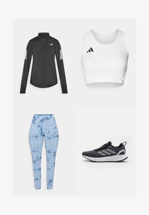 Černá atletická bunda vyrobená z lehkého materiálu. Má přední zip, vysoký límec a tři bílé pruhy na každém rukávu.; Bílý sportovní crop top vyrobený z hladkého materiálu, s kulatým výstřihem a černým logem na levé straně.; Legíny s modrým mramorovým vzorem a vysokým pasem, vyrobené z elastické tkaniny, která má hladkou texturu a přiléhavý střih.; Černá sportovní bota s prodyšným svrškem, bílou mezipodešví, texturovanou gumovou podešví a třemi šedými pruhy na boku. Obsahuje šňůrky a poutko.