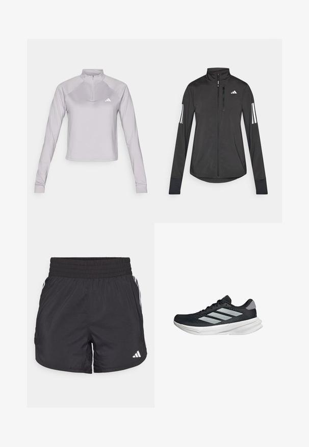 Schwarze Sportjacke aus leichtem Material. Mit einem Frontreißverschluss, hohem Kragen und drei weißen Streifen an jedem Ärmel.; adidas Performance ZIP - Langarmshirt - glory grey; Schwarze Sportshorts mit elastischem Bund, seitlichen Taschen und weißen Streifenakzenten an den Seiten. Hergestellt aus leichtem Material.; Schwarzer Laufschuh mit Mesh-Obermaterial, drei silbernen Streifen, weißer Zwischensohle und strukturiertem Außensohle. Verfügt über einen gepolsterten Schaft und eine Schnürung.