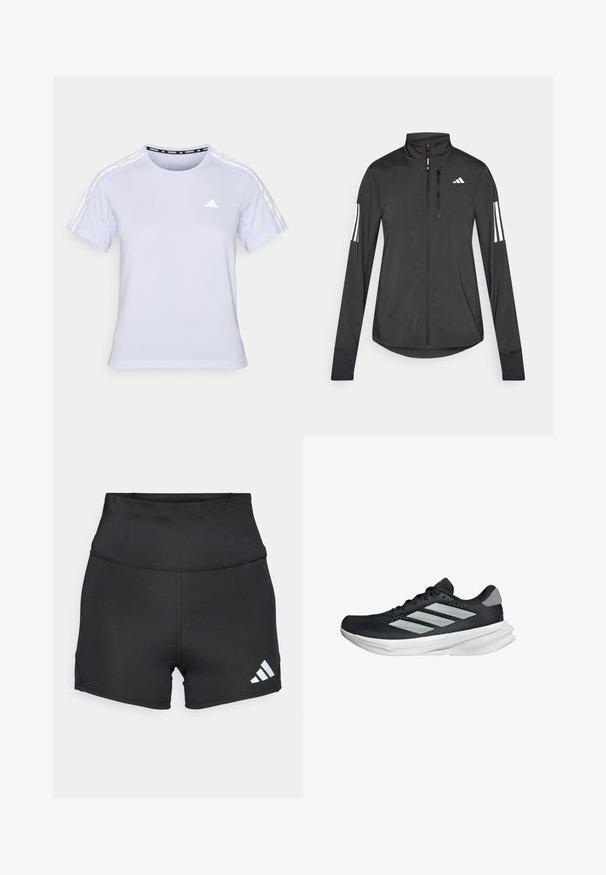 Chaqueta deportiva negra hecha de material ligero. Cuenta con una cremallera frontal, un cuello alto y tres franjas blancas en cada manga.; Camiseta atlética de manga corta azul claro, con cuello redondo, textura parecida a la malla y tres rayas blancas en los hombros con un pequeño logo.; adidas Performance Leggings - black; Zapatilla de correr negra con parte superior de malla, tres franjas plateadas, media suela blanca y suela texturizada. Incluye un cuello acolchado y cierre de cordones.