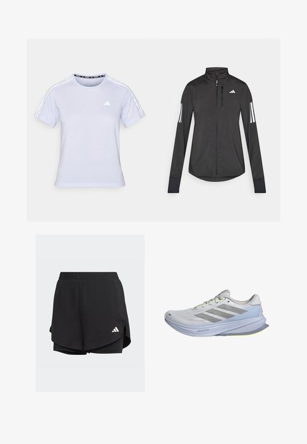 Giacchetto sportivo nero realizzato in materiale leggero. Presenta una chiusura frontale con zip, colletto alto e tre strisce bianche su ciascun manica.; T-shirt atletico a maniche corte di colore azzurro, con scollatura rotonda, texture simile a rete e tre righe bianche sulle spalle con un piccolo logo.; Shorts sportivi neri con cintura elastica, design a strati, pantaloni interni aderenti e un logo bianco sul lato sinistro inferiore.; Scarpe da corsa con superiore in mesh leggero di colore bianco, accentuate da strisce grigie. La suola presenta una leggera curvatura e evidenti dettagli in giallo neon.