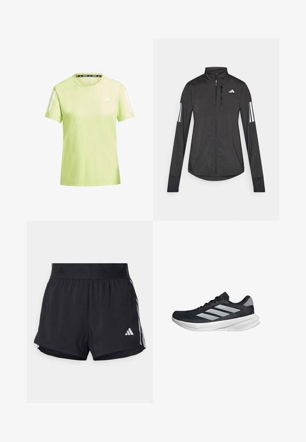 Czarna sportowa kurtka wykonana z lekkiego materiału. Posiada zamek błyskawiczny z przodu, wysoki kołnierz oraz trzy białe paski na każdym rękawie.; Jasnozielona koszulka sportowa wykonana z oddychającego materiału. Posiada białe paski na rękawach oraz czarną metkę "RUNNING" na dekolcie.; Czarne sportowe szorty z elastycznym paskiem w talii, z teksturowanym pasem, bocznymi paskami oraz białym logo Adidas na dolnym brzegu.; Czarny but biegowy z siateczkowym wierzchem, trzema srebrnymi paskami, białą podeszwą środkową i teksturowaną podeszwą zewnętrzną. Posiada wyściełany kołnierz i zapięcie na sznurówki.
