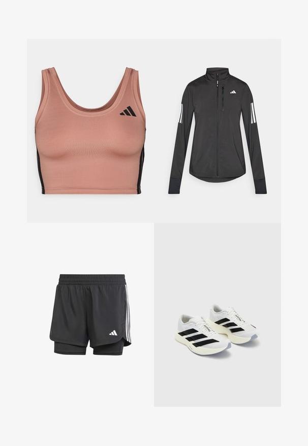 Giacchetto sportivo nero realizzato in materiale leggero. Presenta una chiusura frontale con zip, colletto alto e tre strisce bianche su ciascun manica.; Reggiseno sportivo in morbido tessuto rosa con scollatura a barco, strisce laterali nere e sottili accenti del logo. Vestibilità sagomata con superficie liscia.; Pantaloni sportivi neri con strato interno, vita elastica e tre strisce bianche sui lati, con un piccolo logo bianco. Texture liscia.; Scarpe sportive bianche con strisce e marchio neri, dotate di tomaia in rete, punta arrotondata e suola spessa di color crema per un'ammortizzazione ottimale.