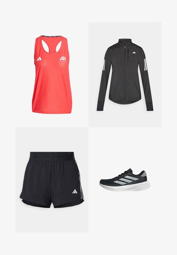 Black athletic jacket made of lightweight material. Features a front zipper, high collar, and three white stripes on each sleeve.; Red athletic tank top with a scoop neckline, racerback design, Adidas logo, and "AR" branding. Made from breathable, textured fabric.; Black athletic shorts with an elastic waistband, featuring a textured band, side stripes, and a white Adidas logo on the lower hem.; Black running shoe with mesh upper, three silver stripes, white midsole, and textured outsole. Features padded collar and lace closure.