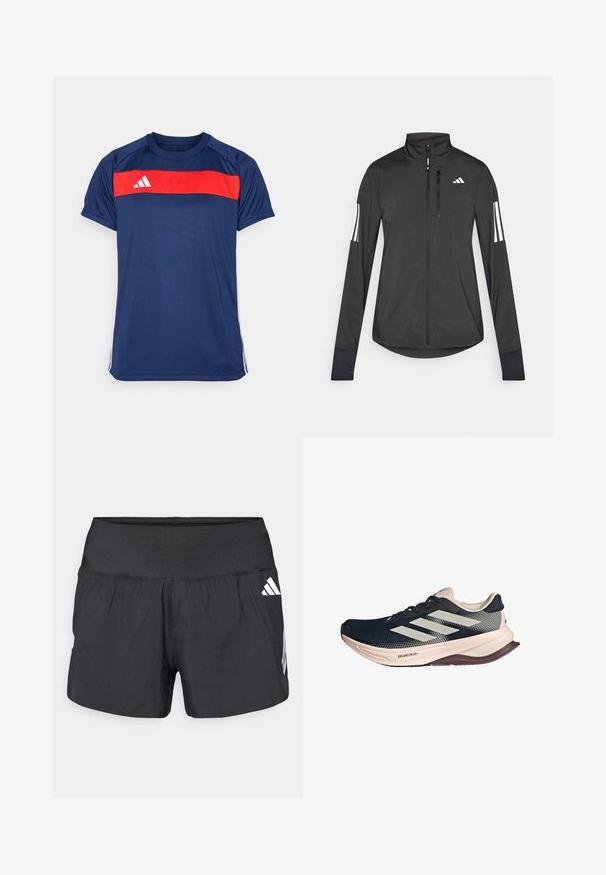 Black athletic jacket made of lightweight material. Features a front zipper, high collar, and three white stripes on each sleeve.; Navy blue athletic t-shirt featuring a horizontal red stripe across the chest and three white stripes on the sleeves. Material is smooth and lightweight.; Black athletic shorts featuring a wide elastic waistband, lightweight fabric, and white logo accents on the lower side.; Running shoe with a dark blue mesh upper, light beige sole, and white three-stripe design. Features a sleek, aerodynamic shape and textured accents.