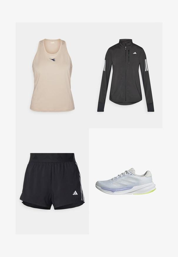 Zwarte sportjack gemaakt van lichtgewicht materiaal. Voorzien van een ritssluiting aan de voorkant, hoge kraag en drie witte strepen op elke mouw.; Beige tanktop van gladde, lichte stof. Voorzien van een ronde halslijn en een klein marineblauw logo op het middenvoor.; Zwarte sportshorts met een elastische tailleband, voorzien van een gestructureerde band, zijstrepen en een wit Adidas-logo op de onderrand.; Witte sportschoen met een ademende mesh bovenkant, een gemêleerd ontwerp en lavendelkleurige accenten. Heeft een gevoerde zool met groene details op de buitenzool.