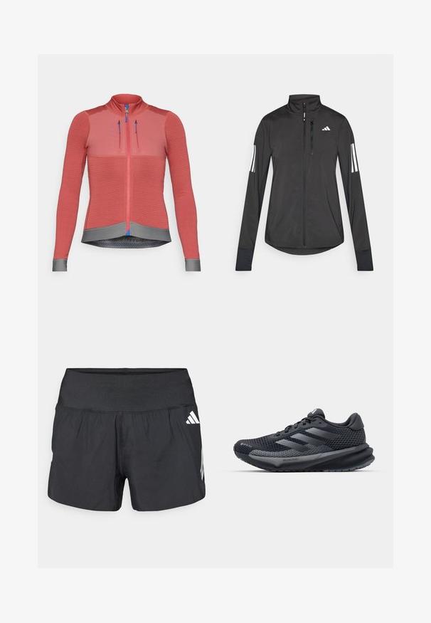 Black athletic jacket made of lightweight material. Features a front zipper, high collar, and three white stripes on each sleeve.; Raspberry-colored cycling jacket with long sleeves, textured fabric, full front zipper, gray hem, blue zipper pulls, and reflective details.; Black athletic shorts featuring a wide elastic waistband, lightweight fabric, and white logo accents on the lower side.; Black athletic shoe with a textured mesh upper, reflective accents, cushioned sole, and a streamlined design. Features three stripe logo.