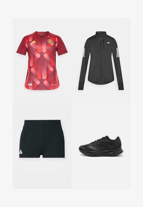 Chaqueta deportiva negra hecha de material ligero. Cuenta con una cremallera frontal, un cuello alto y tres franjas blancas en cada manga.; Camiseta deportiva roja de mangas cortas, con un patrón geométrico en naranja, cuello en V, tres franjas amarillas en los hombros y un escudo.; Pantalones cortos deportivos negros de tela elástica, con una cintura alta, forma ajustada y logo blanco de Adidas en el lado izquierdo.; Zapatilla de running negra con parte superior de malla transpirable, punta redondeada, diseño elegante, acentos texturizados y suela acolchada para mayor comodidad.