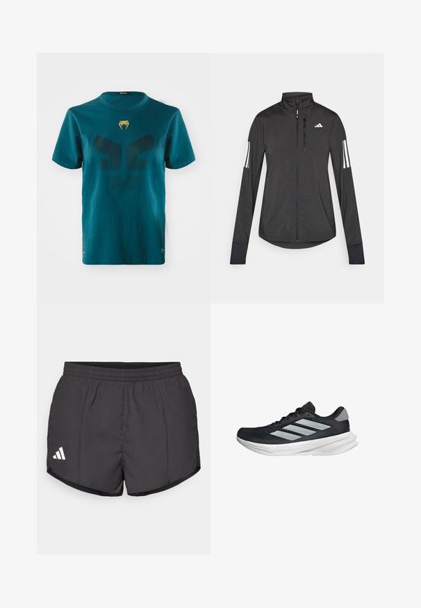 Čierna športová bunda vyrobená z ľahkého materiálu. Má zips vpredu, vysoký golier a tri biele pruhy na každom rukáve.; Tyrkysové bavlnené tričko s veľkým čiernym sieťovaným dizajnom a zlatým logom na hrudi. Krátke rukávy a okrúhly výstrih.; Čierne športové šortky vyrobené z ľahkej látky, s elastickým pásom a bielym logom Adidas na dolnej ľavej strane.; Čierna behacia obuv s vrchnou časťou z priedušného materiálu, tromi striebornými pruhmi, bielou medzipodrážkou a textúrovanou podrážkou. Obsahuje polstrovaný golier a uzatváranie na šnúrky.