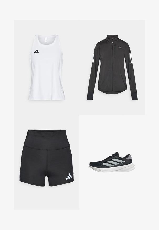 Musta urheilutakki, joka on valmistettu kevyestä materiaalista. Ominaisuuksiin kuuluu etuvetoketju, korkea kaulus ja kolme valkoista raitaa joka hihassa.; Valkoinen urheilullinen tanktoppi, jossa on pyöreä kaula-aukko ja leveät olkaimet. Vasemmassa rinnassa on musta kolmonauhalogo.; adidas Performance Trikoot - black; Musta juoksukenkä, jossa on verkko-osa ylhäällä, kolme hopeista raitaa, valkoinen välipohja ja teksturoitu pohja. Varustettu pehmustetulla nilkkaremmeillä ja nauhakiinnityksellä.
