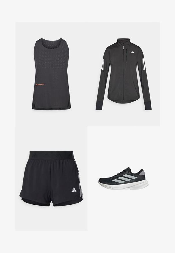 Czarna sportowa kurtka wykonana z lekkiego materiału. Posiada zamek błyskawiczny z przodu, wysoki kołnierz oraz trzy białe paski na każdym rękawie.; Czarna sportowa koszulka na ramiączkach z oddychającym, perforowanym wzorem, okrągłym dekoltem i pomarańczowym akcentem logo w lewym dolnym rogu.; Czarne sportowe szorty z elastycznym paskiem w talii, z teksturowanym pasem, bocznymi paskami oraz białym logo Adidas na dolnym brzegu.; Czarny but biegowy z siateczkowym wierzchem, trzema srebrnymi paskami, białą podeszwą środkową i teksturowaną podeszwą zewnętrzną. Posiada wyściełany kołnierz i zapięcie na sznurówki.
