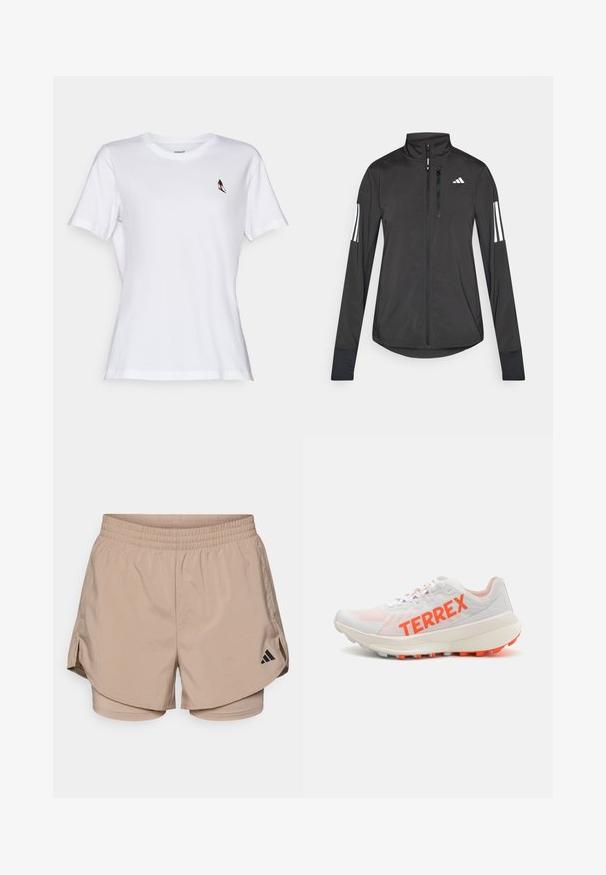 Jaqueta atlética preta feita de material leve. Apresenta um fecho frontal, colarinho alto e três riscas brancas em cada manga.; Camiseta de algodão branca com mangas curtas e decote redondo, apresentando um pequeno bordado de um pássaro multicolorido na área do peito esquerdo.; Calções de desporto bege com um cós, apresentando aberturas laterais e calções interiores. Logótipo da Adidas em preto no lado inferior esquerdo. Textura de tecido suave.; Sapatilha de corrida branca com a marca "TERREX" em laranja; parte superior em malha, gola acolchoada e sola texturizada com detalhes em laranja. Design leve.