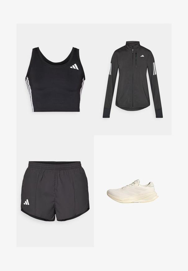 Jaqueta atlética preta feita de material leve. Apresenta um fecho frontal, colarinho alto e três riscas brancas em cada manga.; Top desportivo preto, cropped, feito de um tecido elástico. Apresenta um decote redondo, riscas brancas nas laterais e um pequeno logótipo branco na parte superior esquerda.; Calções atléticos pretos feitos de tecido leve, com um cós elástico e um logo branco da Adidas no canto inferior esquerdo.; Sapatilha desportiva bege claro com parte superior em malha, atacadores planos e sola acolchoada. Apresenta um design de três riscas no lado lateral.