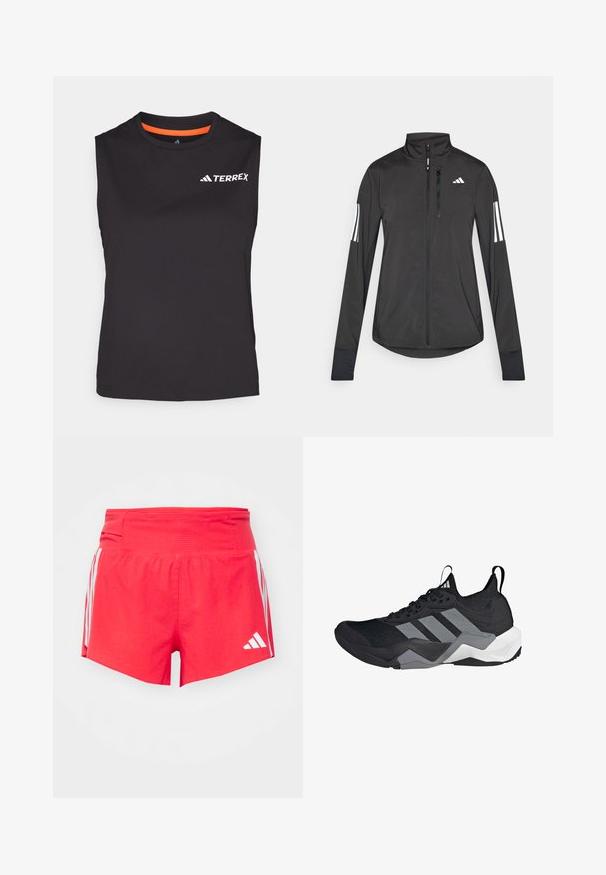 Must mustriga mustrin, millel on esiküljel lukuga, kõrge krae ja igal varrukal kolm valget triipu.; Varrukaseta must treenipoliesterist, mis tõukab niiskust eemale. Omab oranži aksenti krael ja valgega trükitud "TERREX" logo.; Punased sportlikud lühikesed püksid tekstuuriga kangast, millel on lai vöökoht, valged külgtriibud ja logo aktsendid.; Musthave must viibutav võrkkangas, hallid aktsendid, tekstureeritud tald ja kolm eristuvat triipu külgedel.