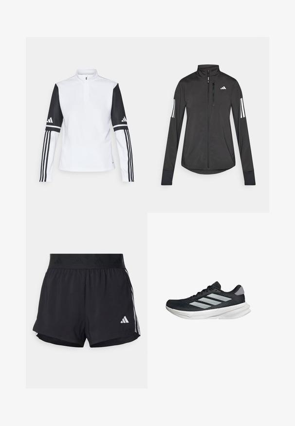 Sort atletisk jakke lavet af let materiale. Har en frontlynlås, høj krave og tre hvide striber på hver ærme.; Hvid atletisk pullover med halv-lynlåskrave, lange sorte ærmer med tre hvide striber og Adidas-logo på skuldrene.; Sorte sport shorts med elastisk talje, der har et tekstureret bånd, sidestreger og et hvidt Adidas-logo på den nederste kant.; Sort løbesko med mesh-overdel, tre sølvstriber, hvid mellemsål og struktureret ydersål. Har polstret krave og snørelukning.