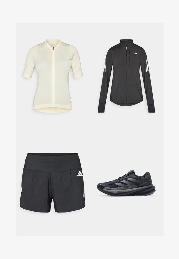 Giacchetto sportivo nero realizzato in materiale leggero. Presenta una chiusura frontale con zip, colletto alto e tre strisce bianche su ciascun manica.; Jersey da ciclismo giallo chiaro con maniche corte, taglio slim, zip a lunghezza totale, tessuto textured sottile e colletto rotondo. Nome del marchio sul fronte.; Pantaloncini sportivi neri con una fascia elastica larga in vita, tessuto leggero e dettagli del logo bianco sul lato inferiore.; Scarpa da ginnastica nera con parte superiore in rete testurizzata, dettagli riflettenti, suola ammortizzata e design affusolato. Presenta il logo a tre strisce.