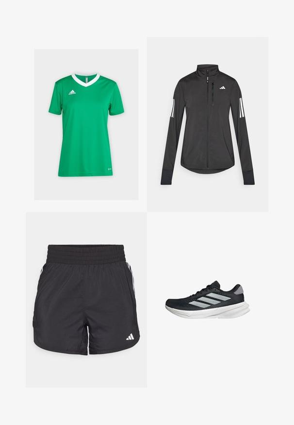 Black athletic jacket made of lightweight material. Features a front zipper, high collar, and three white stripes on each sleeve.; Green athletic jersey with a white V-neck collar and short sleeves. Made of breathable fabric with an Adidas logo on the left chest.; Black athletic shorts with an elastic waistband, side pockets, and white stripe accents on the sides. Made of lightweight material.; Black running shoe with mesh upper, three silver stripes, white midsole, and textured outsole. Features padded collar and lace closure.