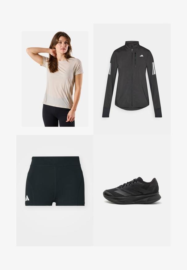 Schwarze Sportjacke aus leichtem Material. Mit einem Frontreißverschluss, hohem Kragen und drei weißen Streifen an jedem Ärmel.; Beige Sport T-Shirt mit kurzen Ärmeln, leichtem Material, glatter Textur und subtilen Nähtedetails, kombiniert mit schwarzen, enganliegenden Hosen.; Schwarze Sportshorts aus elastischem Material, mit hohem Bund, taillierter Form und weißem Adidas-Logo auf der linken Seite.; Schwarzer Laufschuh mit einem atmungsaktiven Mesh-Obermaterial, runder Zehenpartie, schlankem Design, strukturierten Akzenten und einer gepolsterten Sohle für Komfort.