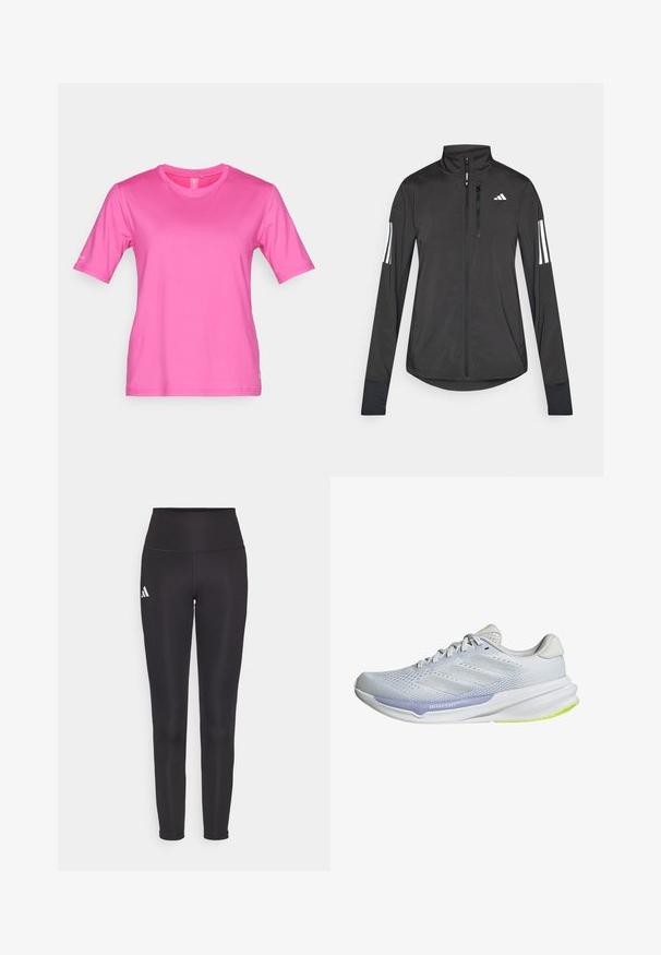 Musta urheilutakki, joka on valmistettu kevyestä materiaalista. Ominaisuuksiin kuuluu etuvetoketju, korkea kaulus ja kolme valkoista raitaa joka hihassa.; Fuksia lyhythihainen t-paita pyöreällä kaula-aukolla, valmistettu sileästä kankaasta. Vasemmassa hihassa on logo.; Musta korkeavyötäröinen legginssit joustavasta kankaasta. Vasemmalla puolella valkoinen logo ja tyylikäs, saumaton muotoilu. Silkkinen pinta.; Valkoinen urheilukenkä, jossa on hengittävä verkkomateriaali, teksturoidut yksityiskohdat ja laventelinvärinen korostus. Varustettu pehmustetulla pohjalla, jossa on vihreät ulkopohjaton yksityiskohdat.