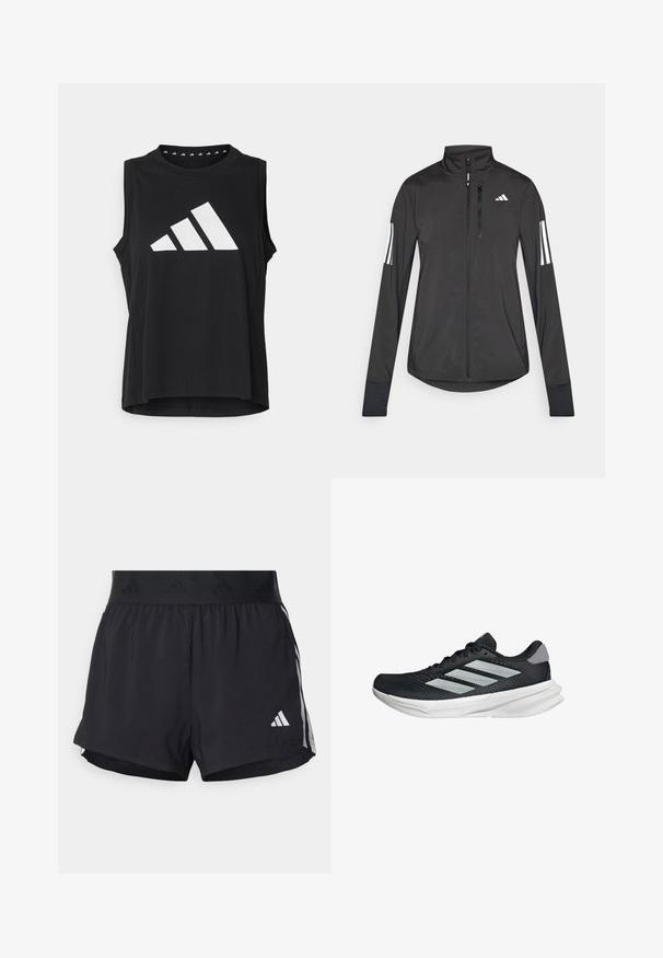 Černá atletická bunda vyrobená z lehkého materiálu. Má přední zip, vysoký límec a tři bílé pruhy na každém rukávu.; Černý bezrukávový sportovní top vyrobený z hladkého materiálu, na přední straně s velkým bílým logem Adidas a třemi diagonálními pruhy.; Černé sportovní šortky s elastickým pasem, s texturovaným páskem, bočními pruhy a bílým logem Adidas na dolním lemu.; Černé běžecké boty s vrchní částí z prodyšné síťoviny, třemi stříbrnými pruhy, bílou mezipodešví a texturovanou podešví. Obsahují polstrovaný límec a šněrování.